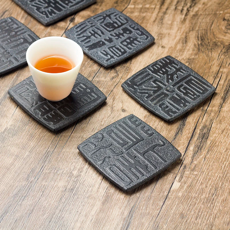 Elegant Black Stone Coaster for Teapot & Cups — Heat-Resistant