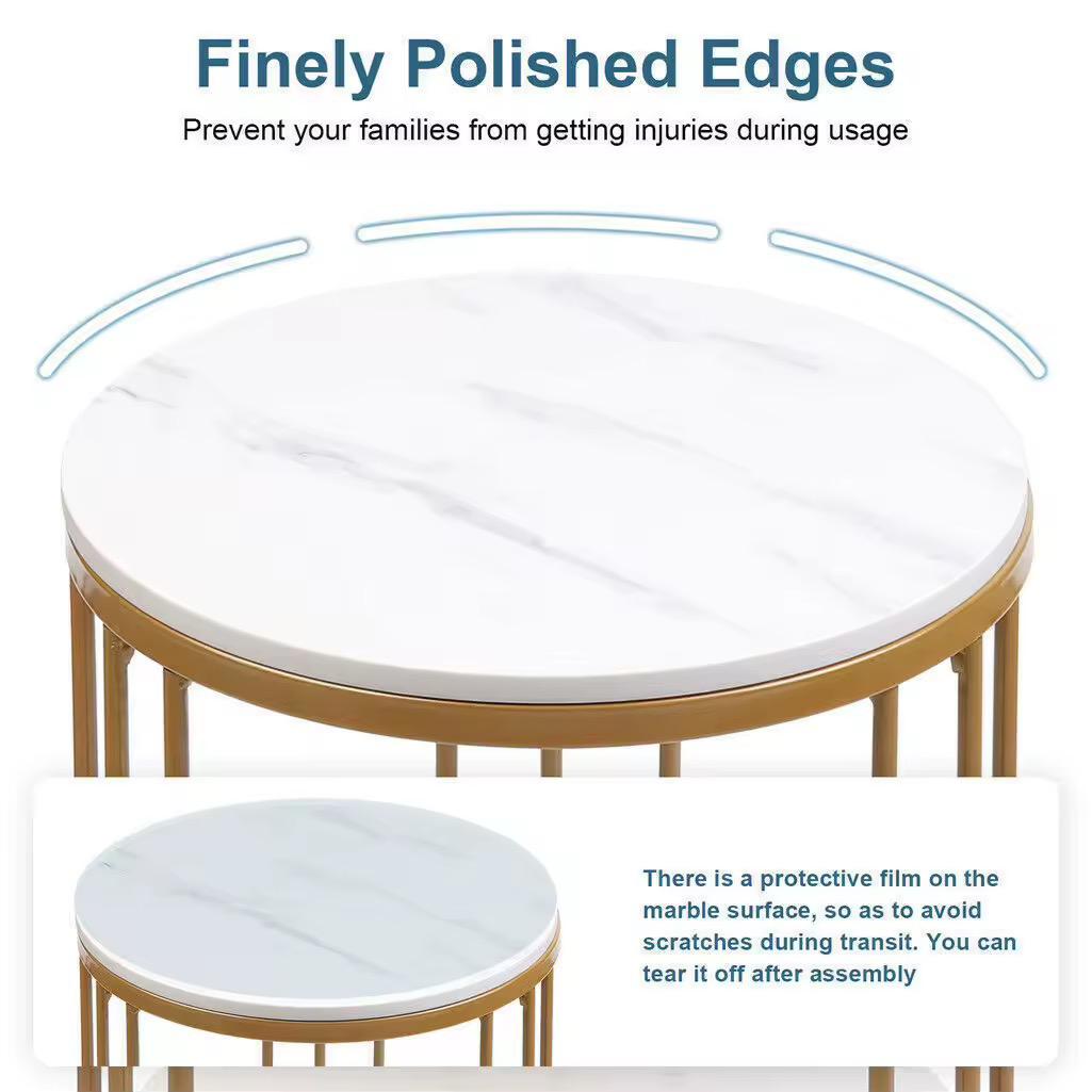 2-Tier White Marble Round Side Table with Storage