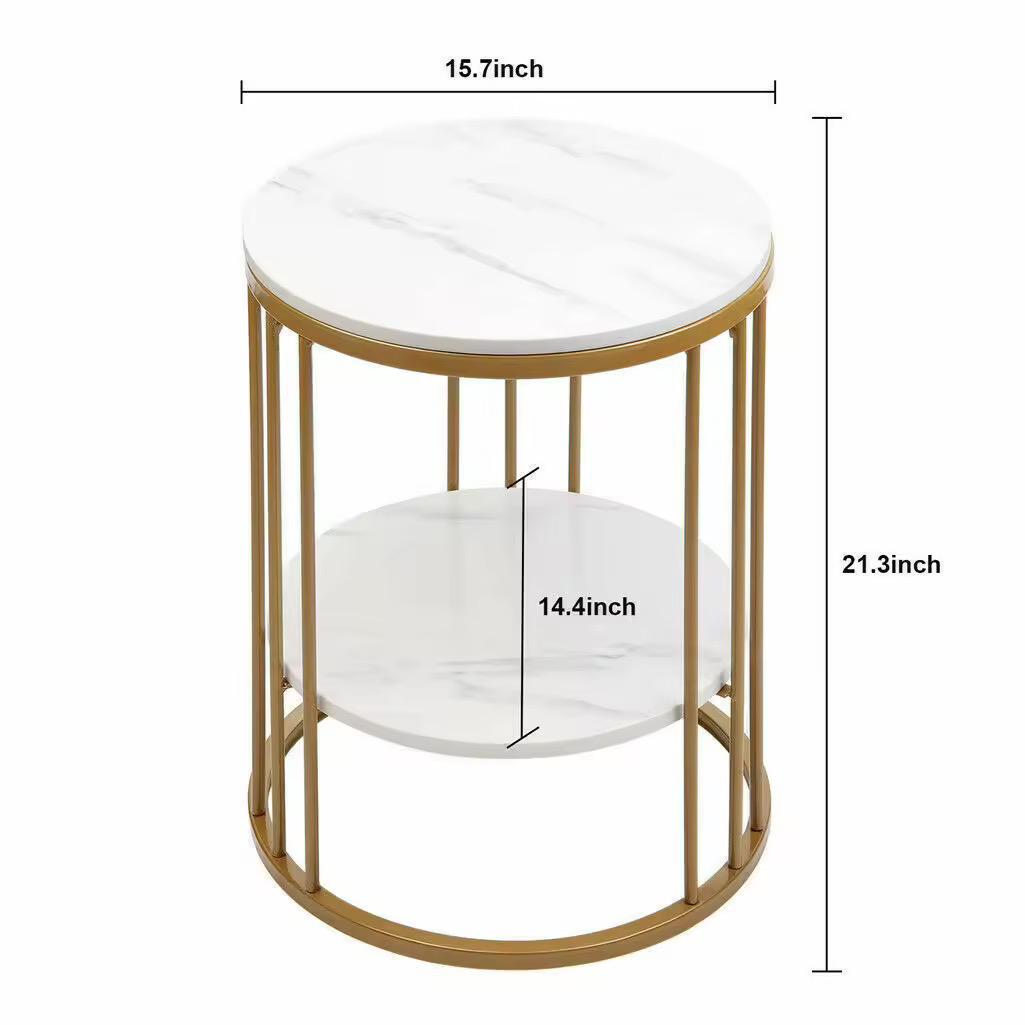 2-Tier White Marble Round Side Table with Storage