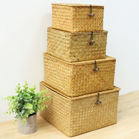 Handmade 4-Piece Seaweed Rattan Storage Basket Set with Lids