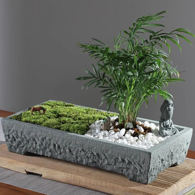 Natural Stone Trough Flowerpot — Retro Creative Vase for Home & Office Table