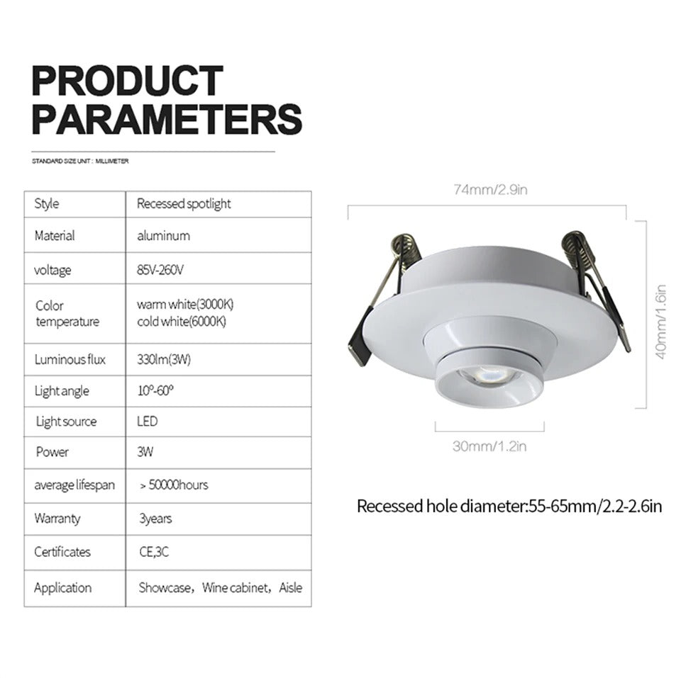 Mini LED Recessed Spotlight – Adjustable 10–60° Narrow Beam Built-In Zoom Light