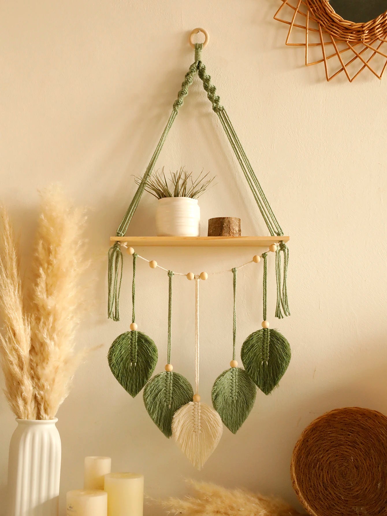 Boho Leaf Macrame Floating Wall Shelf — Tapestry Art Home Decor Display