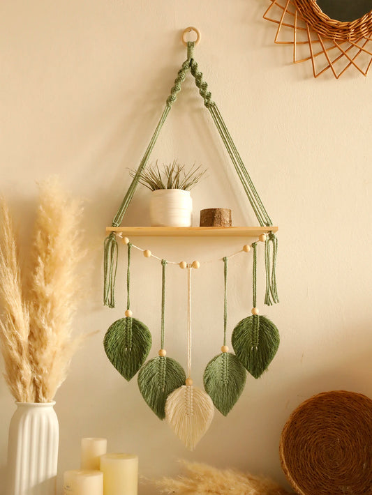 Boho Leaf Macrame Floating Wall Shelf — Tapestry Art Home Decor Display