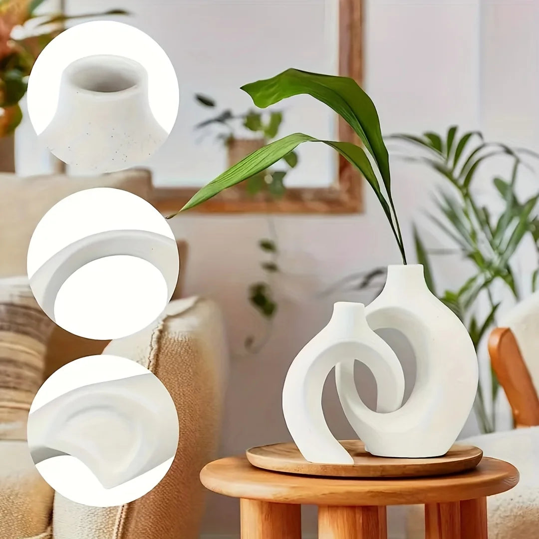 Set of 2 White Ceramic Donut Vases – Modern Boho Nordic Minimalist Home Decor