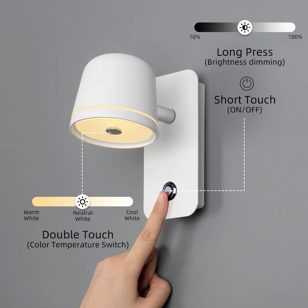 LED Touch Wall Sconce – Dimmable, 3-CCT, Rotatable Bedside Light