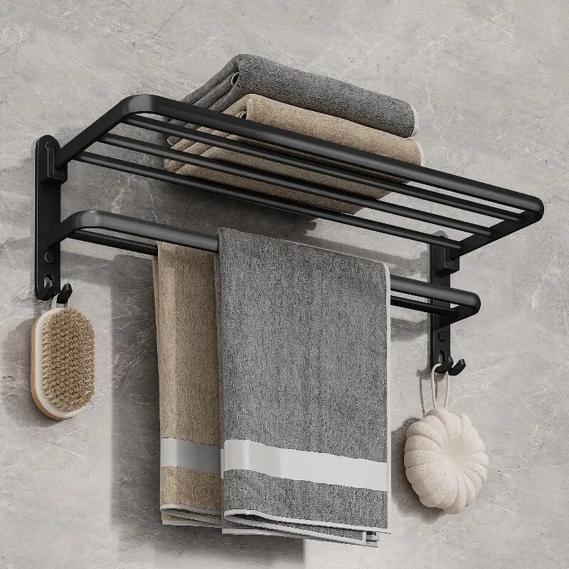 Matte Black 50cm Wall-Mounted Folding Towel Rack with Hook – Aluminum Holder