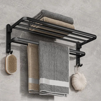 Matte Black 50cm Wall-Mounted Folding Towel Rack with Hook – Aluminum Holder