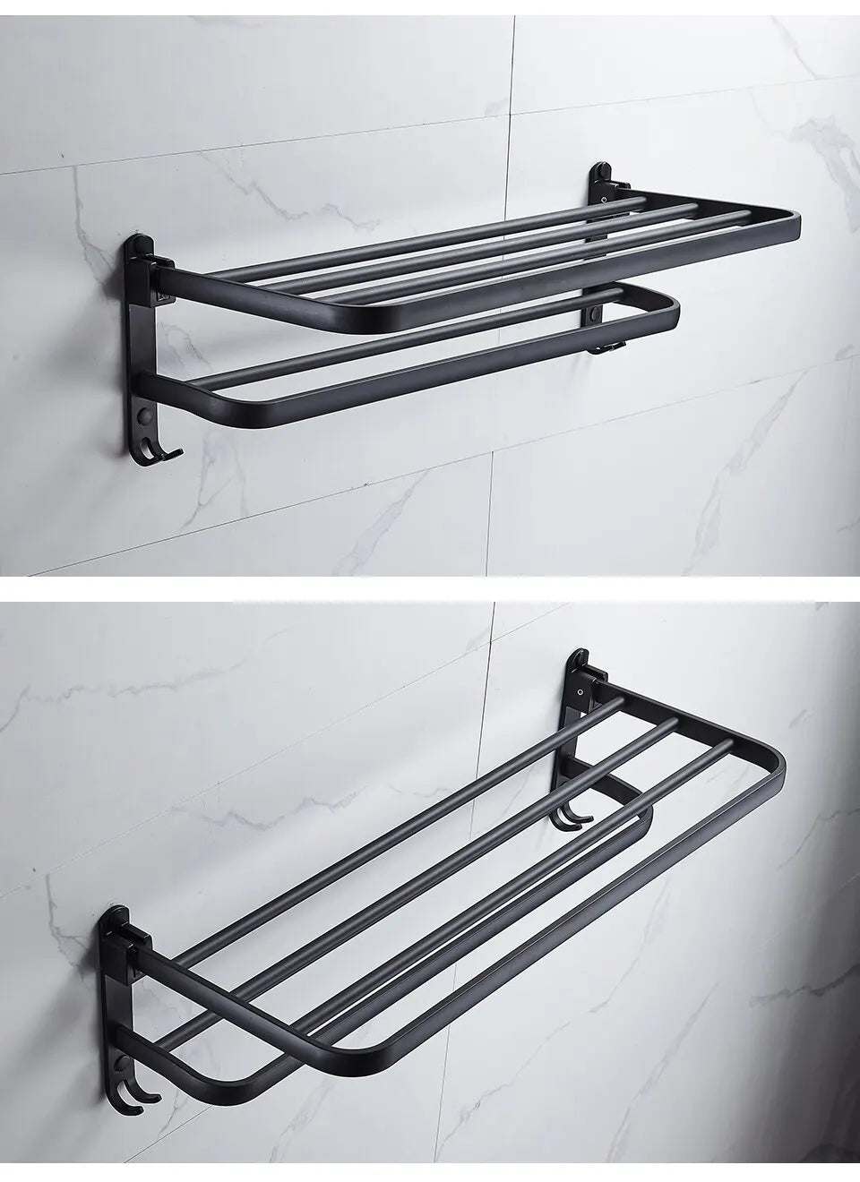 Matte Black 50cm Wall-Mounted Folding Towel Rack with Hook – Aluminum Holder