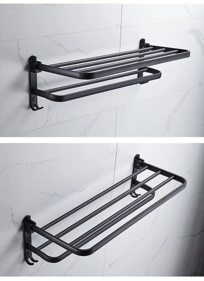 Matte Black 50cm Wall-Mounted Folding Towel Rack with Hook – Aluminum Holder