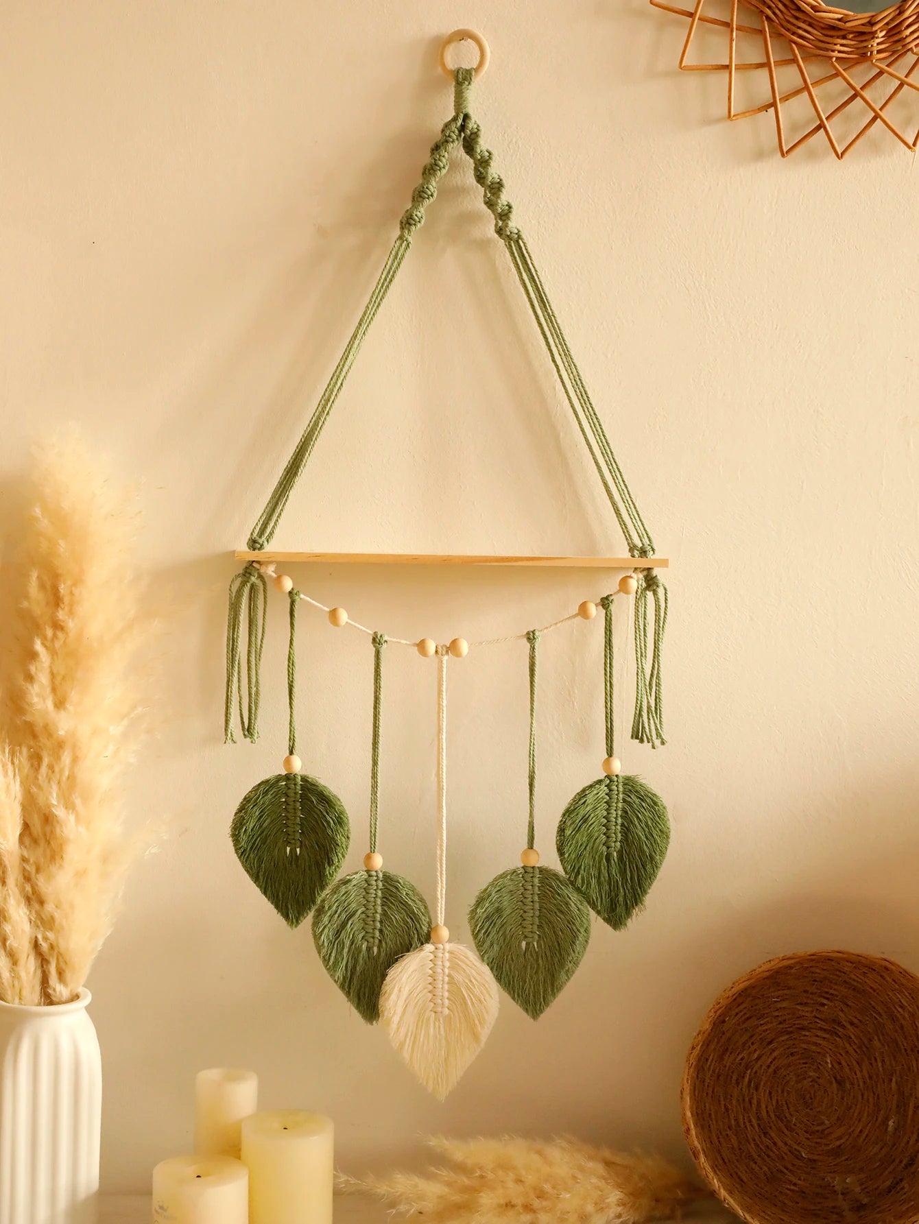 Boho Leaf Macrame Floating Wall Shelf — Tapestry Art Home Decor Display
