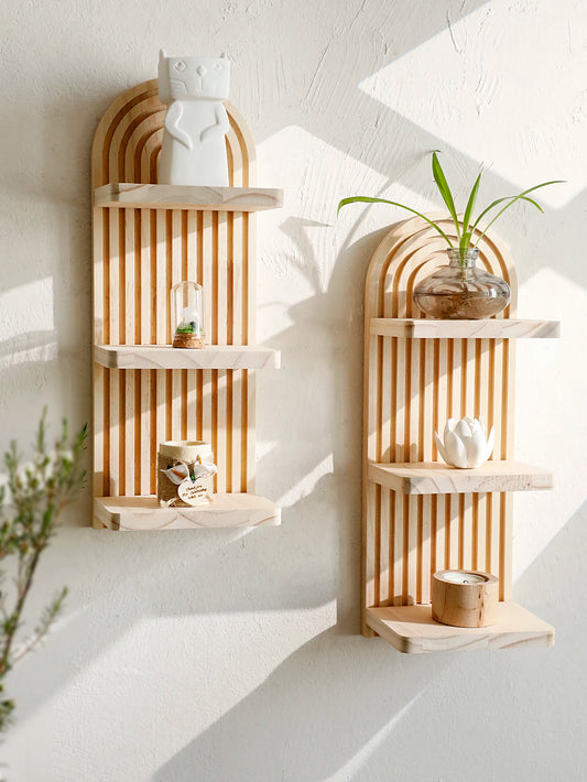 Boho 3-Tier Arch Wall Shelf – Natural Wood Floating Display Organizer