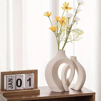 Set of 2 White Ceramic Donut Vases – Modern Boho Nordic Minimalist Home Decor