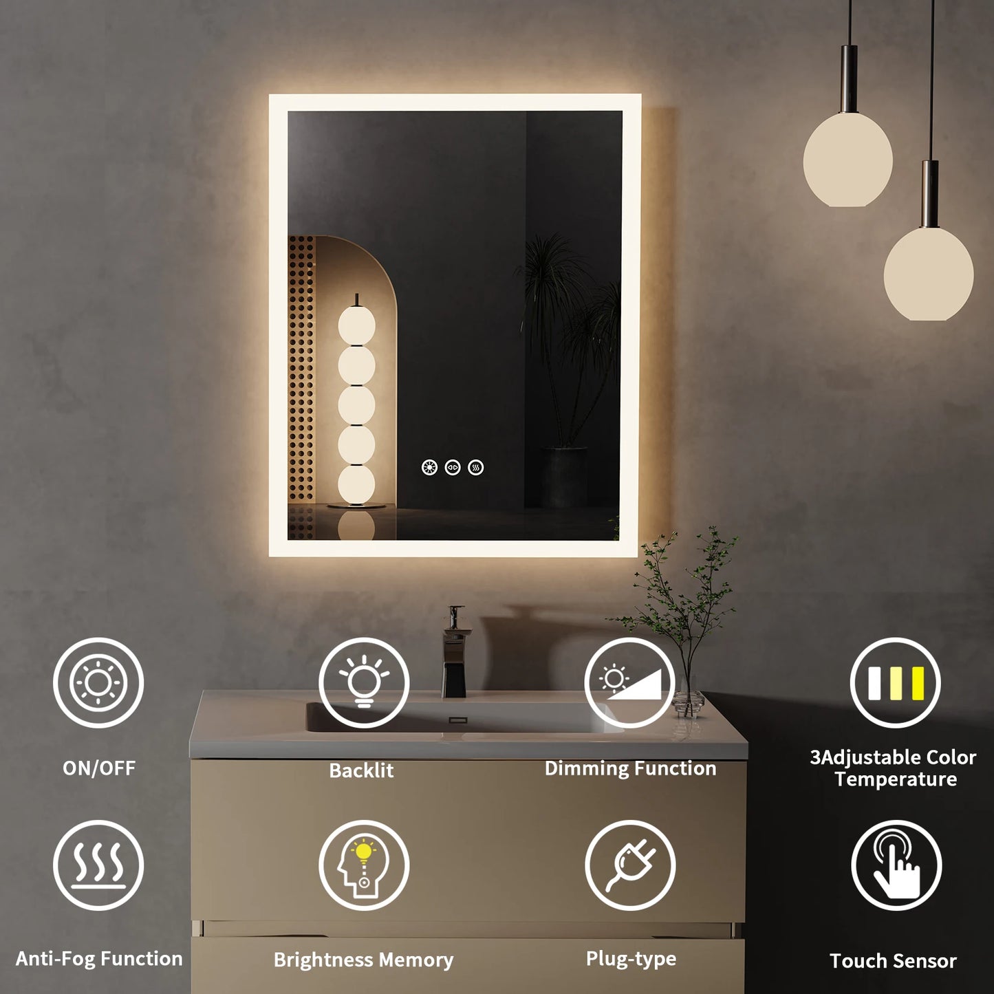 16x20" LED Bathroom Mirror with Anti-Fog & Touch Controls