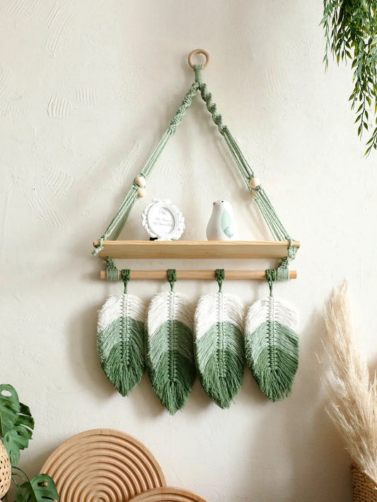 Macrame Wall Shelf with Leaf Tassels – Boho Rustic Decor for Living Room, Bedroom, Nursery