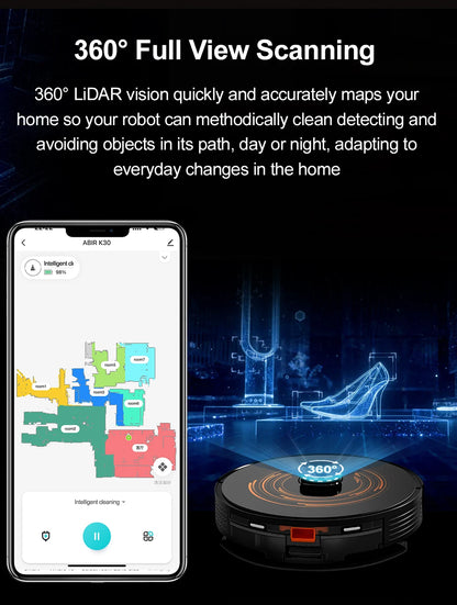 K30 Robot Vacuum – Self-Cleaning, Dual Laser, UV Spot Clean, 240min Runtime, Smart Carpet Wash
