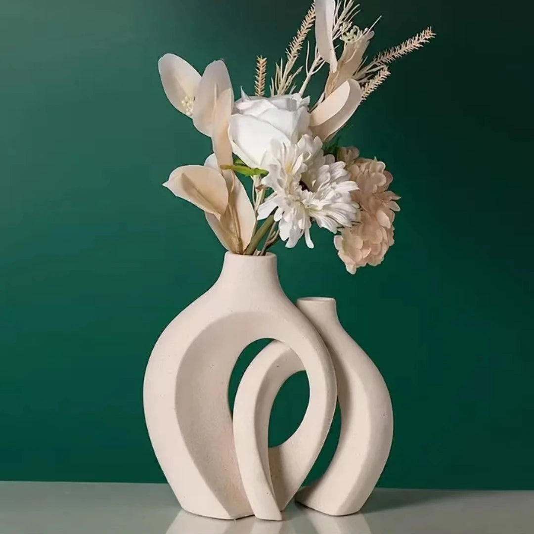 Set of 2 White Ceramic Donut Vases – Modern Boho Nordic Minimalist Home Decor