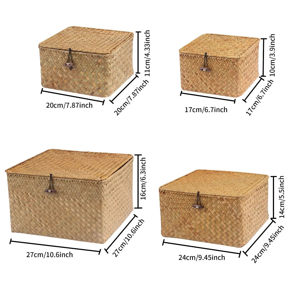 Handmade 4-Piece Seaweed Rattan Storage Basket Set with Lids