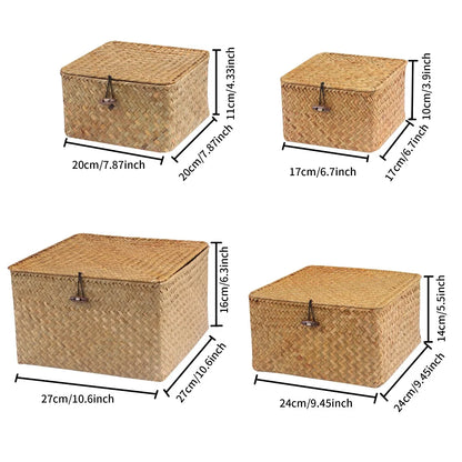 Handmade 4-Piece Seaweed Rattan Storage Basket Set with Lids