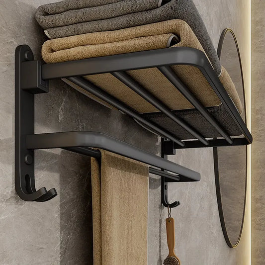Matte Black 50cm Wall-Mounted Folding Towel Rack with Hook – Aluminum Holder