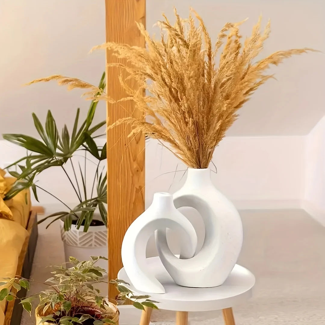 Set of 2 White Ceramic Donut Vases – Modern Boho Nordic Minimalist Home Decor