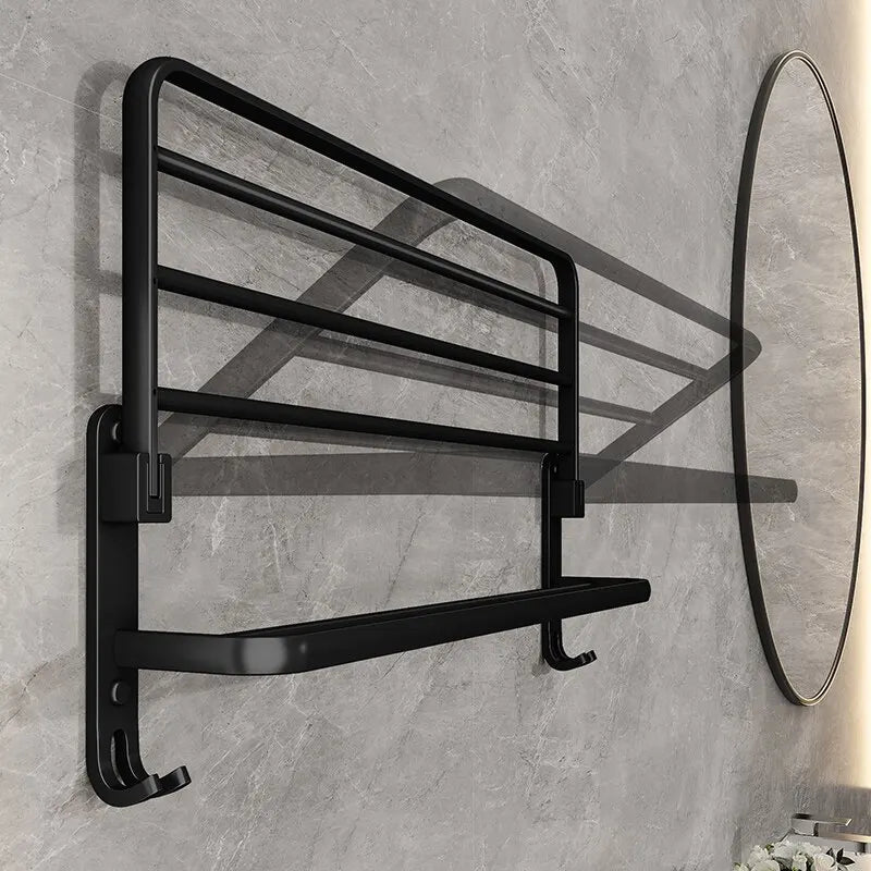 Matte Black 50cm Wall-Mounted Folding Towel Rack with Hook – Aluminum Holder