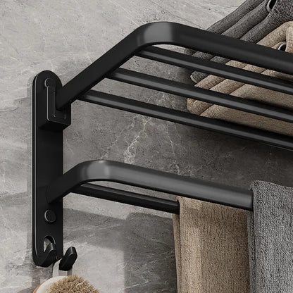 Matte Black 50cm Wall-Mounted Folding Towel Rack with Hook – Aluminum Holder