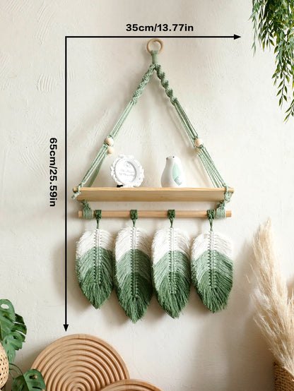 Macrame Wall Shelf with Leaf Tassels – Boho Rustic Decor for Living Room, Bedroom, Nursery