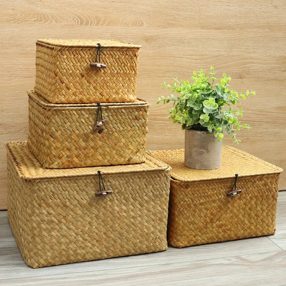 Handmade 4-Piece Seaweed Rattan Storage Basket Set with Lids