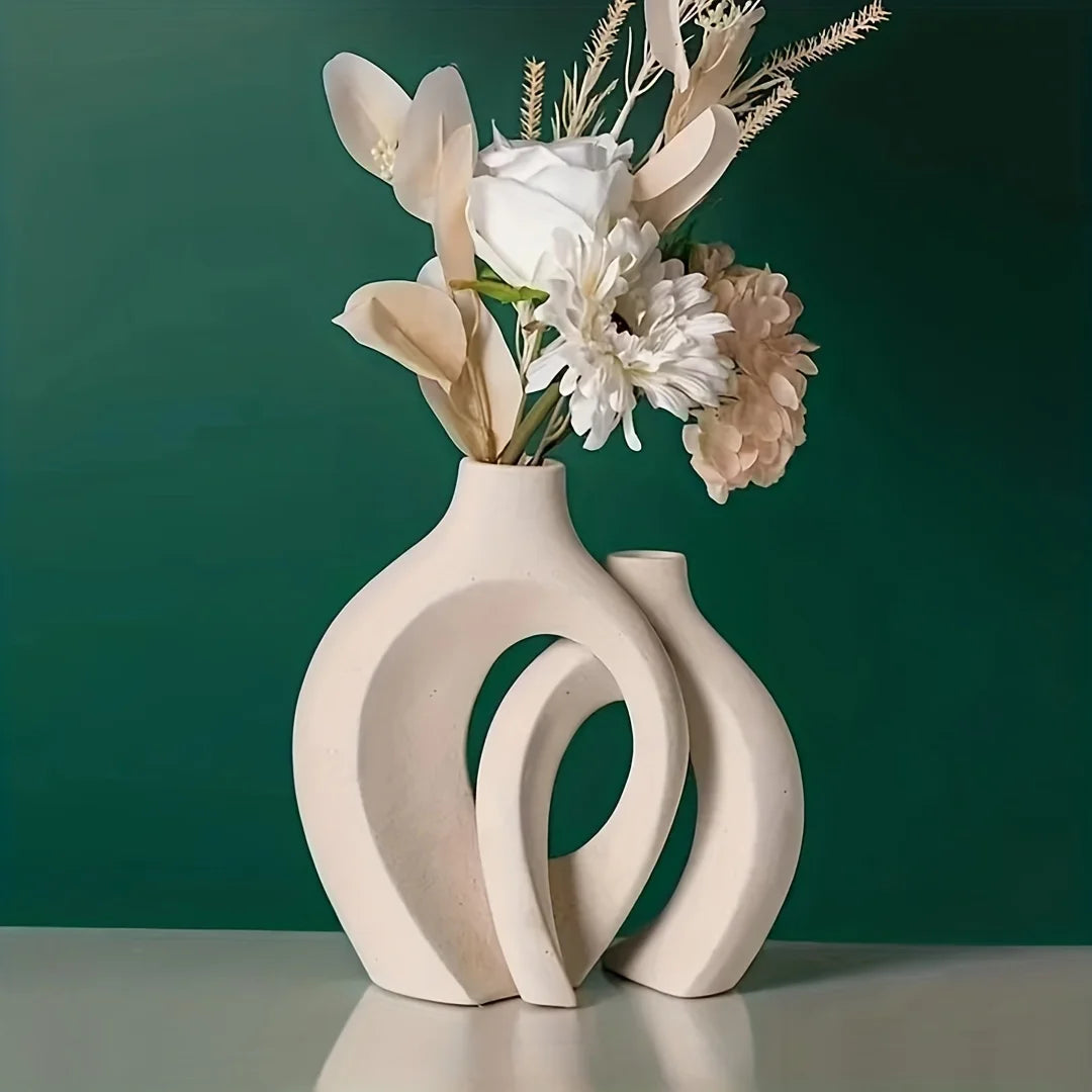 Set of 2 White Ceramic Donut Vases – Modern Boho Nordic Minimalist Home Decor