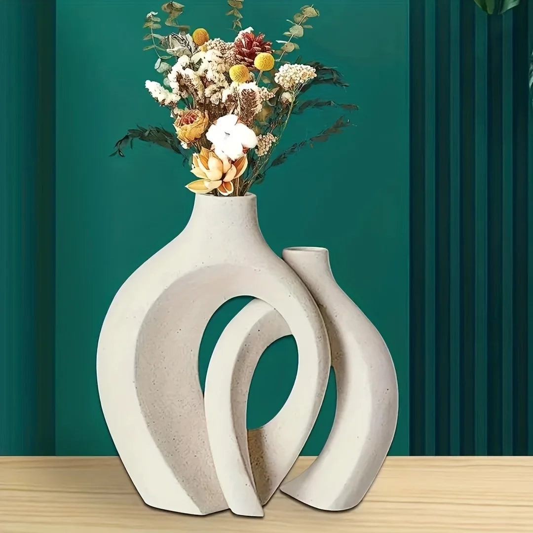 Set of 2 White Ceramic Donut Vases – Modern Boho Nordic Minimalist Home Decor