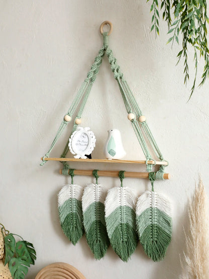 Macrame Wall Shelf with Leaf Tassels – Boho Rustic Decor for Living Room, Bedroom, Nursery