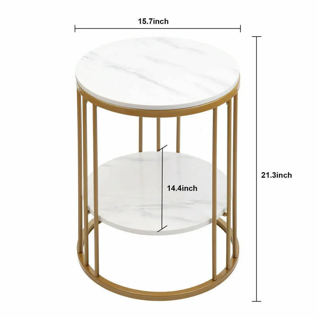 2-Tier White Marble Round Side Table with Storage