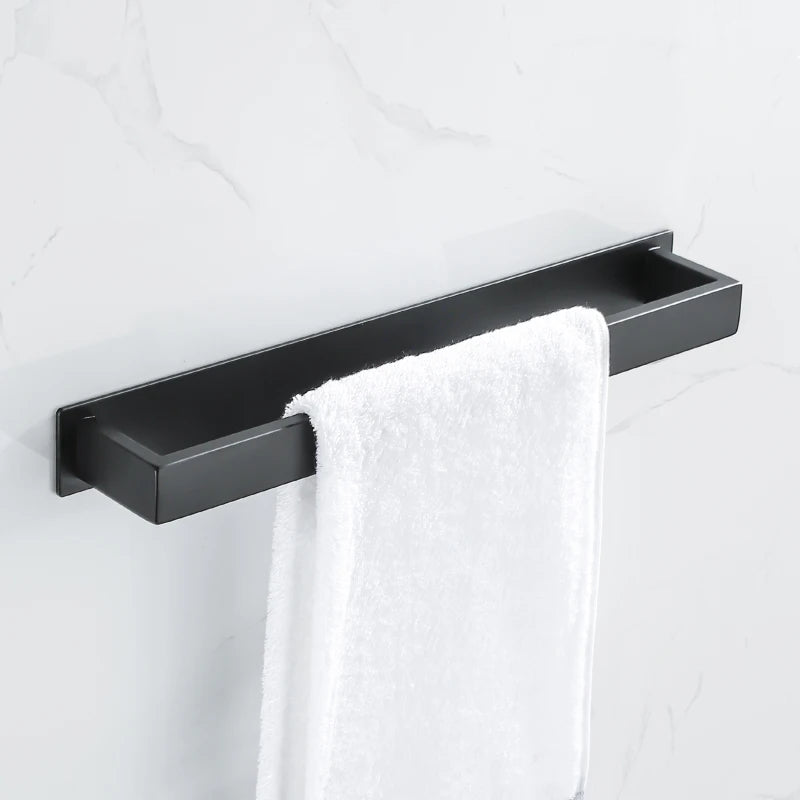 Black Stainless Steel Self-Adhesive Towel Rack – No Drill Wall Mount