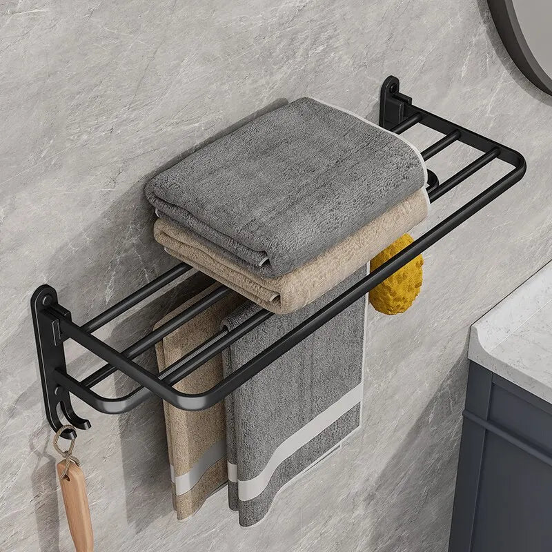 Matte Black 50cm Wall-Mounted Folding Towel Rack with Hook – Aluminum Holder