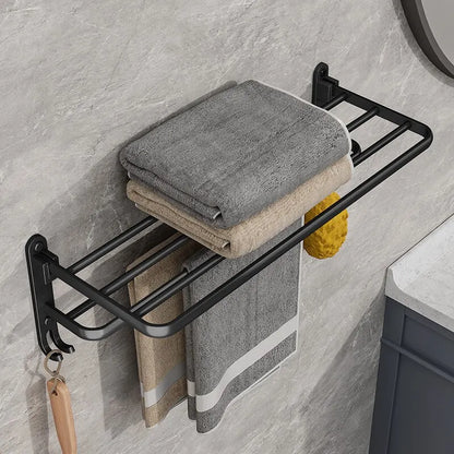Matte Black 50cm Wall-Mounted Folding Towel Rack with Hook – Aluminum Holder