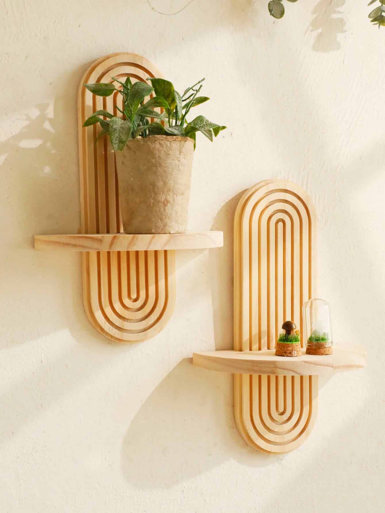 1Pc Boho Geometric Wooden Wall Shelf — Natural Wood, Modern Decor