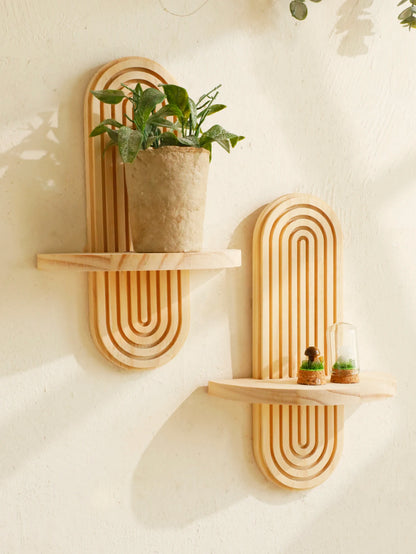 1Pc Boho Geometric Wooden Wall Shelf — Natural Wood, Modern Decor