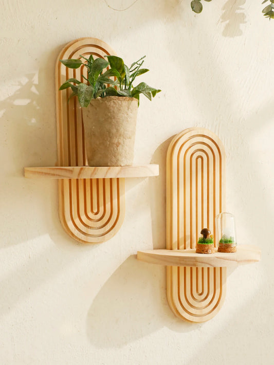 1Pc Boho Geometric Wooden Wall Shelf — Natural Wood, Modern Decor