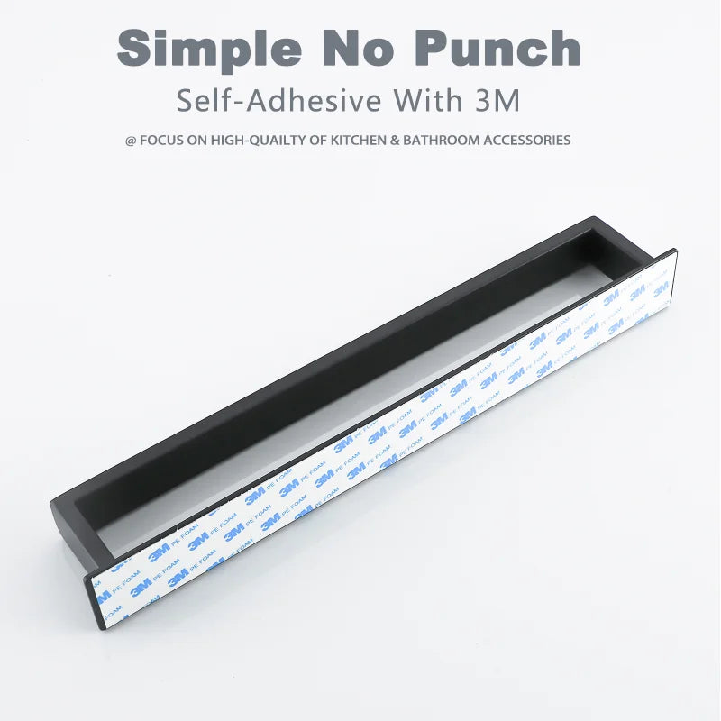 Black Stainless Steel Self-Adhesive Towel Rack – No Drill Wall Mount