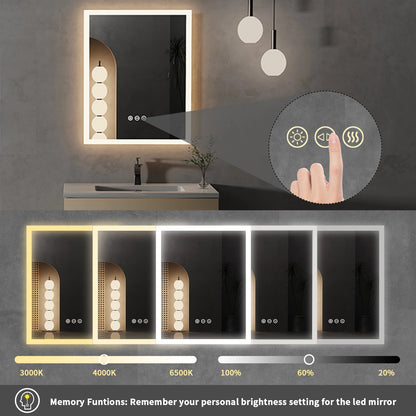 16x20" LED Bathroom Mirror with Anti-Fog & Touch Controls