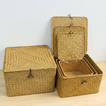 Handmade 4-Piece Seaweed Rattan Storage Basket Set with Lids
