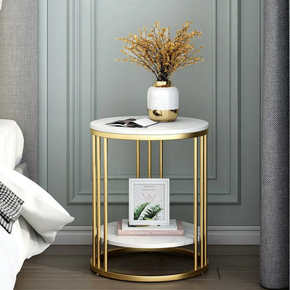 2-Tier White Marble Round Side Table with Storage