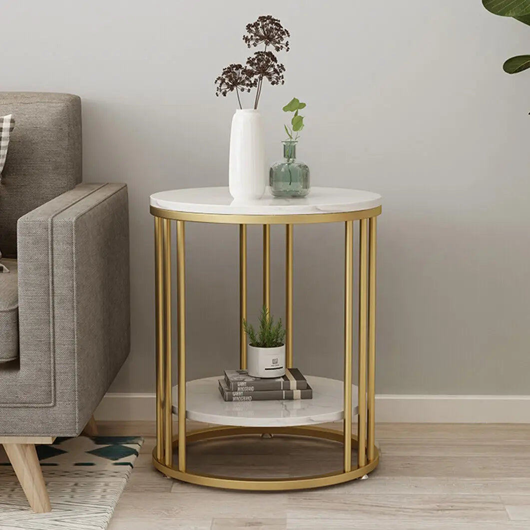 2-Tier White Marble Round Side Table with Storage