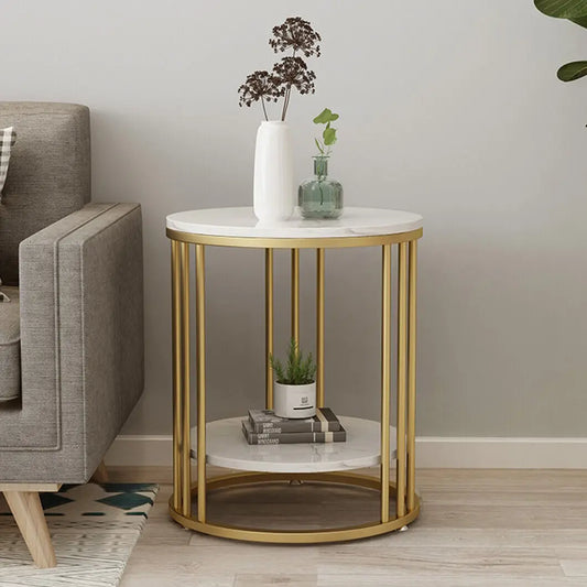2-Tier White Marble Round Side Table with Storage