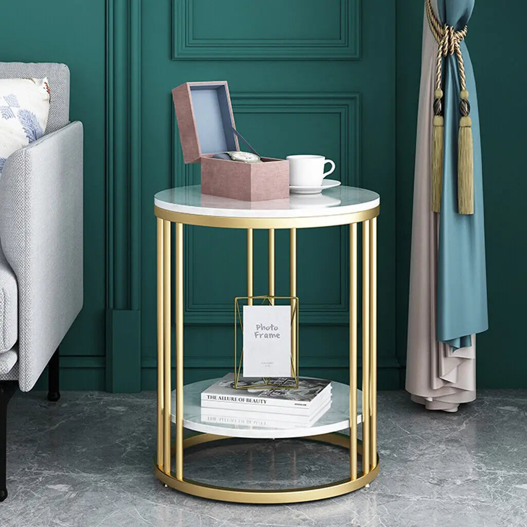 2-Tier White Marble Round Side Table with Storage