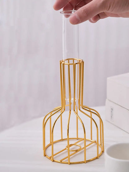 Gold Wrought Iron Test Tube Vase – Hydroponic Container for Living Room Decor