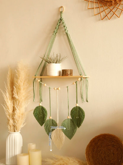 Boho Leaf Macrame Floating Wall Shelf — Tapestry Art Home Decor Display