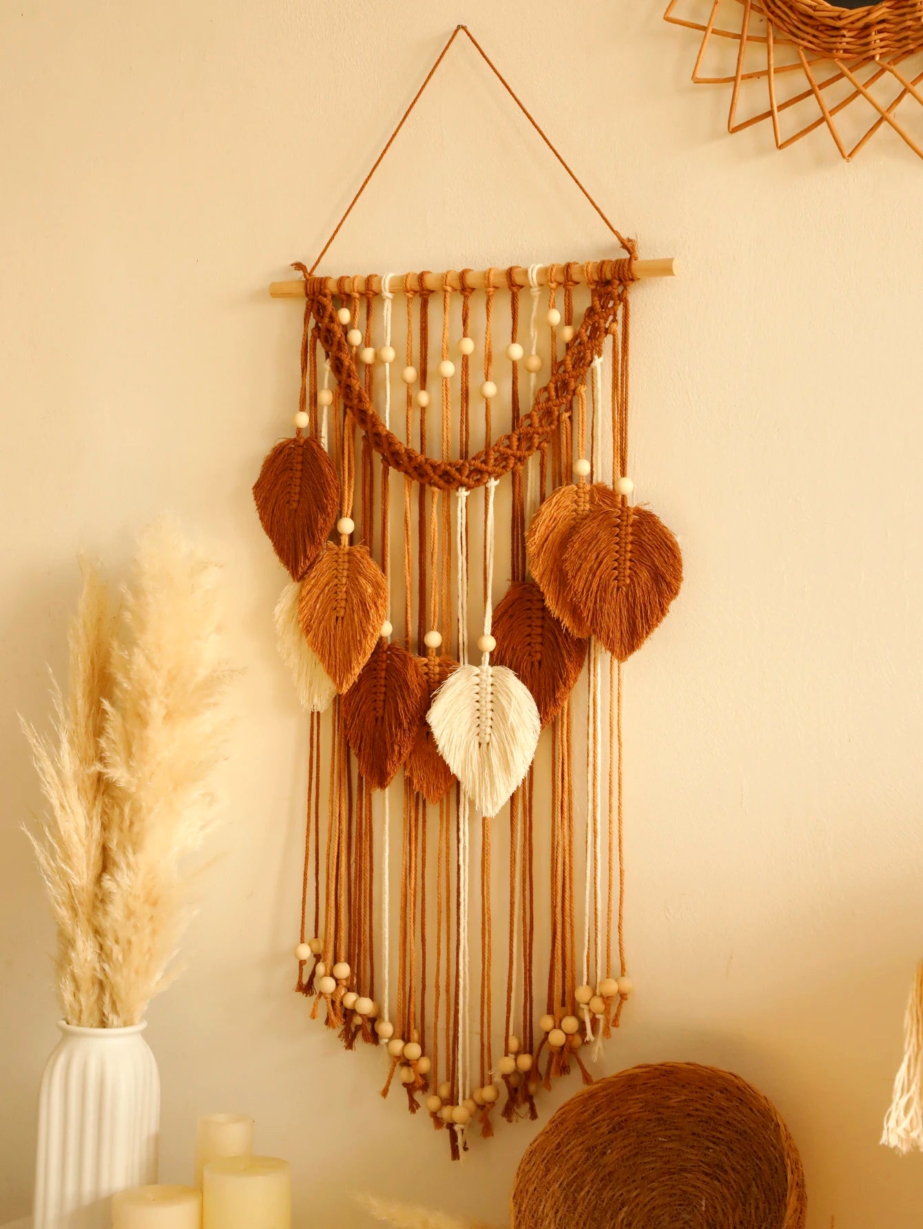 Leaf Macrame Wall Hanging, Brown & Green Boho Tapestry