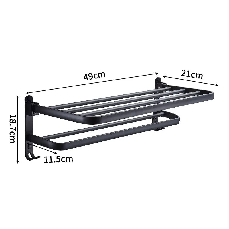 Matte Black 50cm Wall-Mounted Folding Towel Rack with Hook – Aluminum Holder